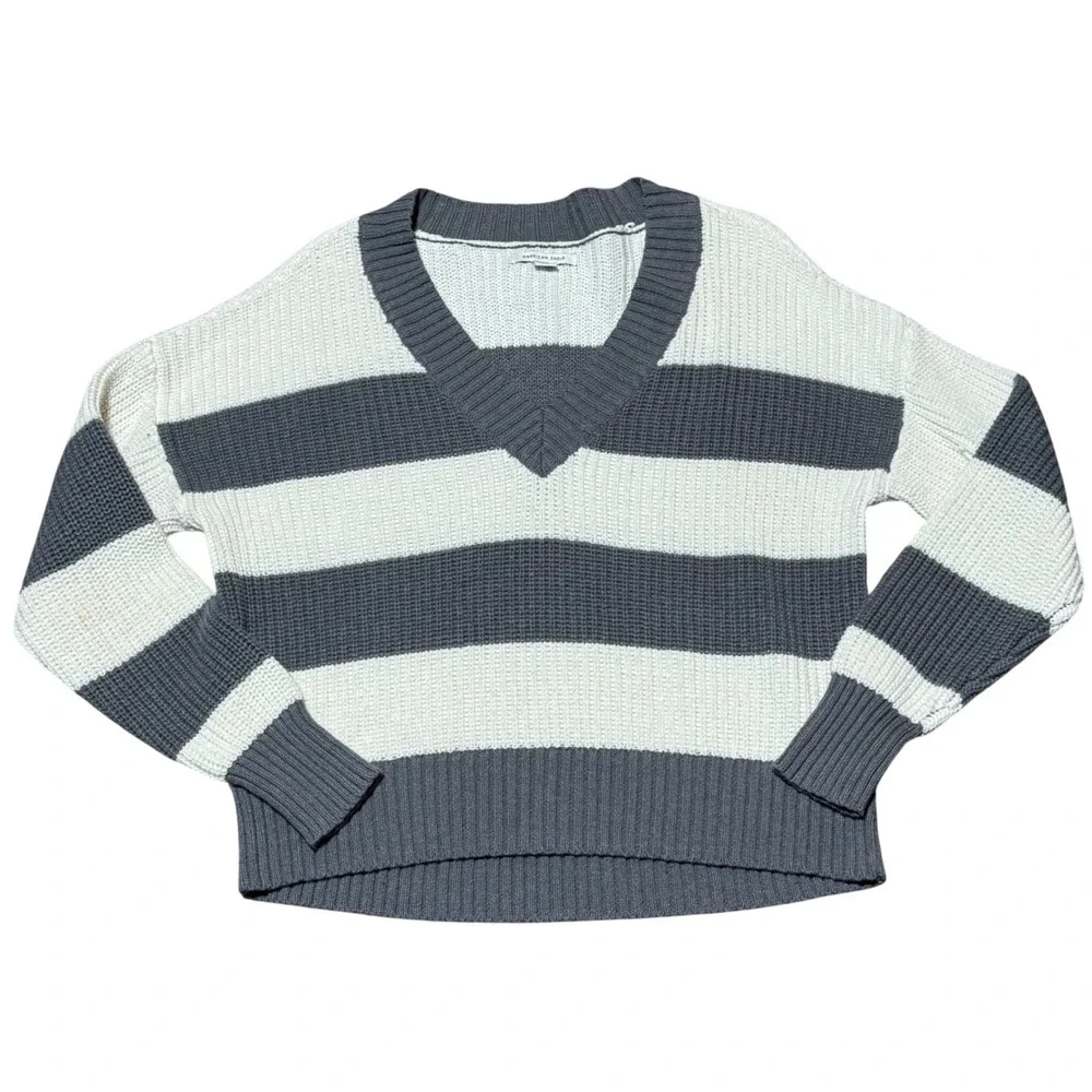 American Eagle‎ Striped V-Neck Knit Sweater XS Gray Cream
